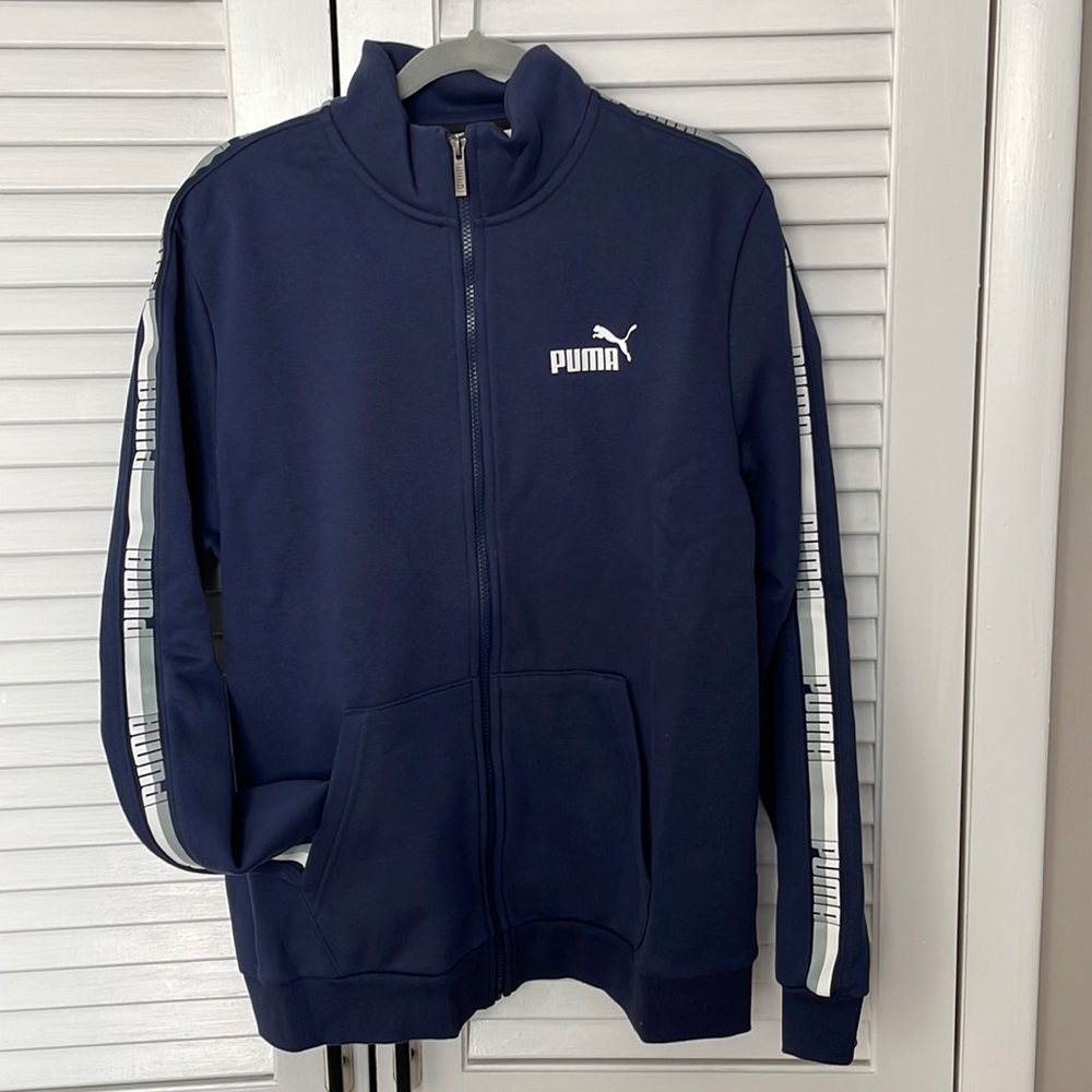 NWT Puma zip up. Size large. Navy with grey and white stripes.